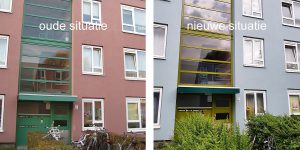 115 woningen Semarangstraat van Lefier De oude kleuren van deze woningen gaven een wat sombere sfeer aan de straat. Ook paste de kleur van de gevel niet goed bij het oranje en groen van de portieken. Aan mij de opdracht om de nieuwe uitstraling van de hele straat meer sprekend te maken. Ik heb twee ontwerpen gemaakt en bewoners konden per post stemmen over beide ontwerpen. Daar is dit frisse ontwerp uitgekomen. De gevel heeft een zachte blauwgroene tint gekregen. De entreepuien zijn groen. De luifel is donker blauwgroen. Alle kleuren zijn nu één passend geheel en versterken elkaar. De groene kleur van de portieken past goed bij de begroeiing. De gevels van de schuren zijn in dezelfde kleur geschilderd als de gevel aan de voorzijde, maar dan iets donkerder. Na die tijd een leuke reactie van de opdrachtgever: ‘het lijkt alsof de straat breder is geworden’. Dat komt inderdaad door deze frisse kleuren, er ontstaat visueel gezien meer ‘ruimte’.