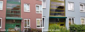 115 woningen Semarangstraat van Lefier De oude kleuren van deze woningen gaven een wat sombere sfeer aan de straat. Ook paste de kleur van de gevel niet goed bij het oranje en groen van de portieken. Aan mij de opdracht om de nieuwe uitstraling van de hele straat meer sprekend te maken. Ik heb twee ontwerpen gemaakt en bewoners konden per post stemmen over beide ontwerpen. Daar is dit frisse ontwerp uitgekomen. De gevel heeft een zachte blauwgroene tint gekregen. De entreepuien zijn groen. De luifel is donker blauwgroen. Alle kleuren zijn nu één passend geheel en versterken elkaar. De groene kleur van de portieken past goed bij de begroeiing. De gevels van de schuren zijn in dezelfde kleur geschilderd als de gevel aan de voorzijde, maar dan iets donkerder. Na die tijd een leuke reactie van de opdrachtgever: ‘het lijkt alsof de straat breder is geworden’. Dat komt inderdaad door deze frisse kleuren, er ontstaat visueel gezien meer ‘ruimte’.